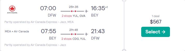 Cheap flights from Dallas, Texas to Beirut, Lebanon for only $567 roundtrip with Air Canada. Flight deal ticket image.