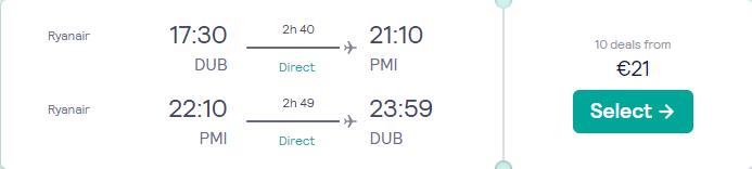 Non-stop flights from Dublin, Ireland to Palma de Mallorca, Spain for only €21 roundtrip. Flight deal ticket image.