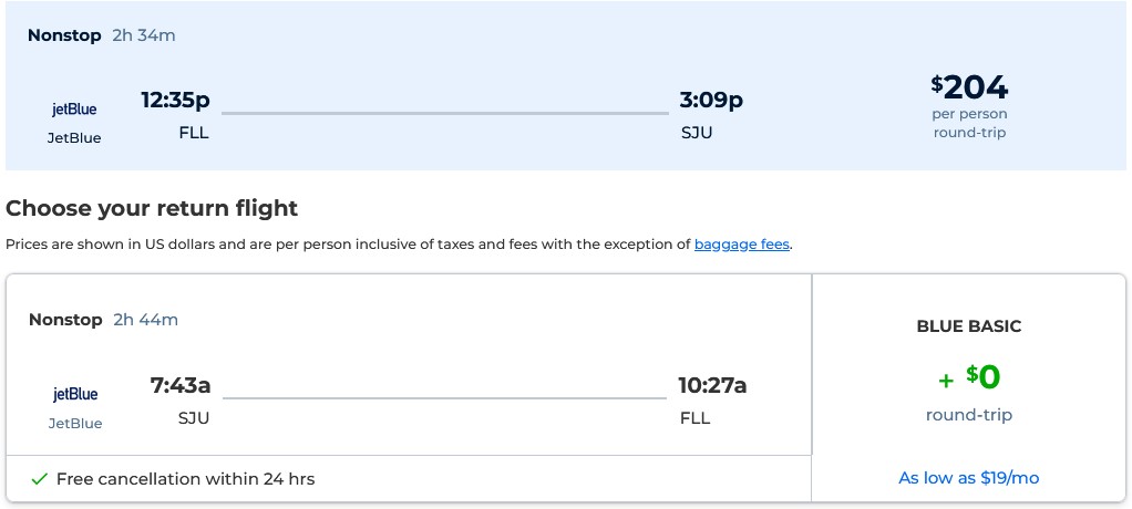 Non-stop flights from Fort Lauderdale to San Juan, puerto Rico or the Bahamas from only $204 roundtrip with JetBlue. Flight deal ticket image.