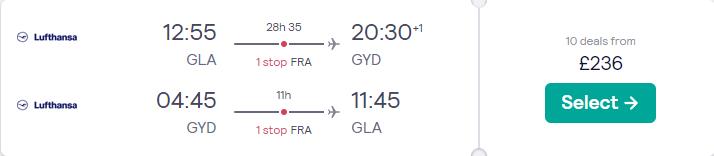 Cheap flights from Glasgow, Scotland to Baku, Azerbaijan for only £236 roundtrip with Lufthansa. Flight deal ticket image.