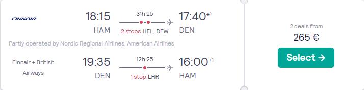 Cheap flights from German cities to Denver, Colorado from only €265 roundtrip with Finnair, American Airlines and British Airways. Flight deal ticket image.