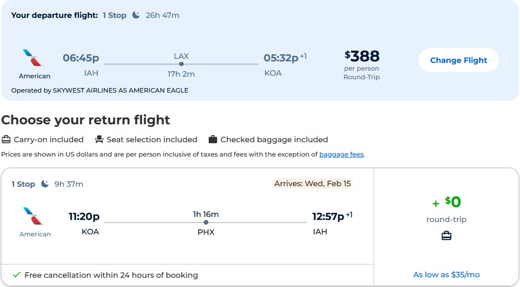 Houston, Texas to Kona, Hawaii (& vice versa) for only 388 roundtrip