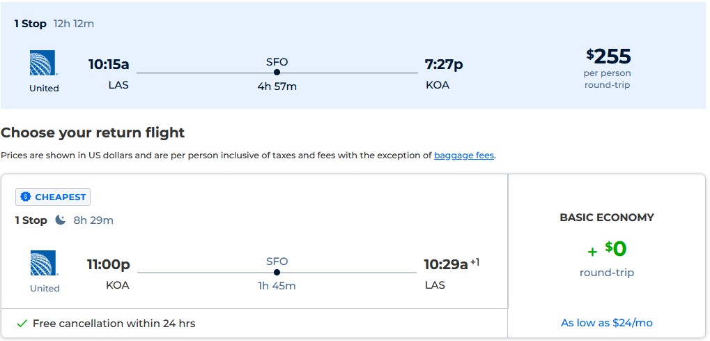 Cheap flights from Las Vegas to Kona, Hawaii for only $255 roundtrip with United Airlines. Also works in reverse. Flight deal ticket image.