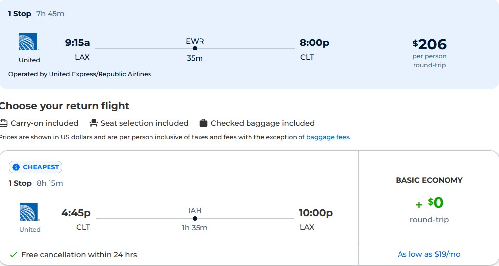 Los Angeles to Charlotte, North Carolina (& vice versa) for only 206
