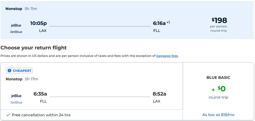 Non-stop flights from Los Angeles to Fort Lauderdale for only $198 roundtrip with JetBlue. Also works in reverse. Flight deal ticket image.