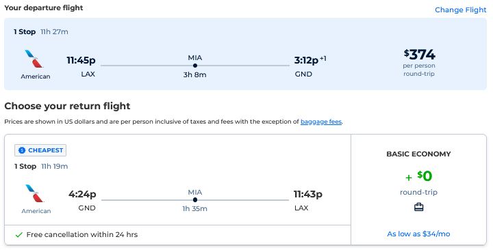 Click here to book this cheap flight deal. Cheap flights from Los Angeles or San Francisco to Grenada for only $374 roundtrip with American Airlines. Flight deal ticket image.