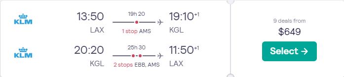 Cheap flights from Los Angeles to Kigali, Rwanda for only $649 roundtrip with KLM. Flight deal ticket image.