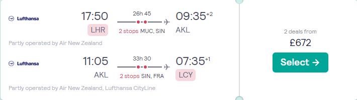 Cheap flights from London, UK to Auckland, New Zealand for only £672 roundtrip with Lufthansa and Air New Zealand. Flight deal ticket image.