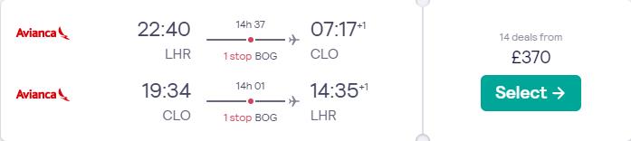 Cheap flights from London, UK to Colombian cities from only £370 roundtrip with Avianca. Flight deal ticket image.