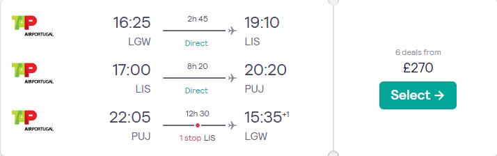 Click here to book this cheap flight deal. 2 in 1 trip...Cheap flights from London, UK to Lisbon, Portugal and Punta Cana, Dominican Republic for only £270 roundtrip with TAP Air Portugal. Flight deal ticket image.