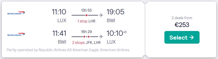 Click here to book this cheap flight deal. Cheap flights from Luxembourg to Eastern USA from only €219 roundtrip with British Airways and American Airlines. Flight deal ticket image.