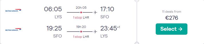 Cheap flights from Lyon or Toulouse, France to San Francisco, USA from only €276 roundtrip with British Airways. Flight deal ticket image.