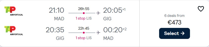 Cheap flights from Madrid, Spain to Rio de Janeiro, Brazil for only €473 roundtrip with TAP Air Portugal. Flight deal ticket image.