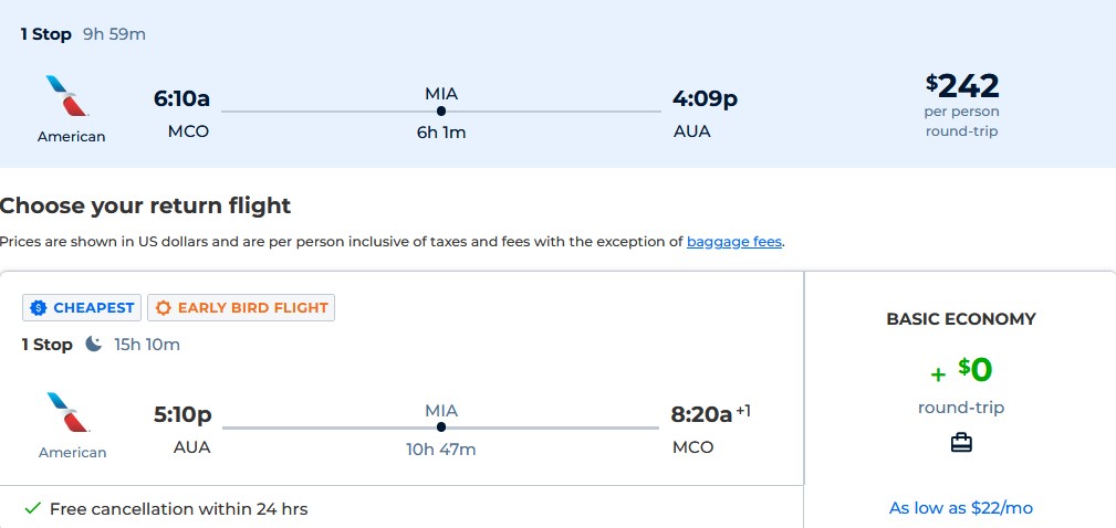 Cheap flights from Nashville or Orlando to Aruba from only $242 roundtrip with American Airlines. Flight deal ticket image.