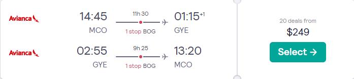 Summer flights from Orlando, Florida to Guayaquil, Ecuador for only $249 roundtrip with Avianca. Flight deal ticket image.
