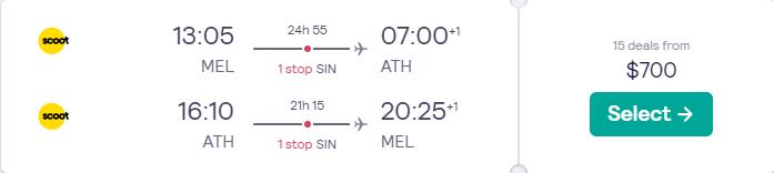 Cheap flights from Melbourne, Australia to Athens, Greece for only $700 AUD roundtrip. Flight deal ticket image.