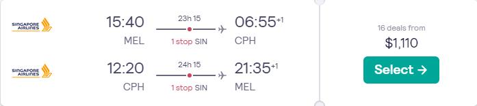 Cheap flights from Melbourne, Australia to Copenhagen, Denmark for only $1110 AUD roundtrip with Singapore Airlines. Flight deal ticket image.