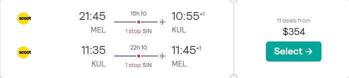 Cheap flights from Melbourne, Australia to Kuala Lumpur, Malaysia for only $354 AUD roundtrip. Flight deal ticket image.