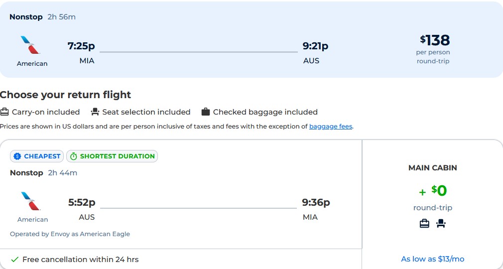 Nonstop flights from Miami to Austin, Texas for just $138 roundtrip with American Airlines.  Also works in reverse.  Image of flight offer ticket.