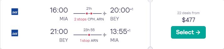 Cheap flights from Miami to Beirut, Lebanon for only $477 roundtrip with SAS. Flight deal ticket image.