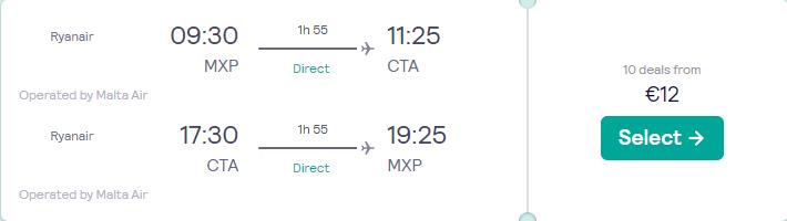 Non-stop flights from Milan, Italy to Sicily for only €12 roundtrip. Flight deal ticket image.
