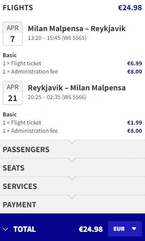 Non-stop flights from Milan, Italy to Reykjavik, Iceland for only €24 roundtrip. Flight deal ticket image.