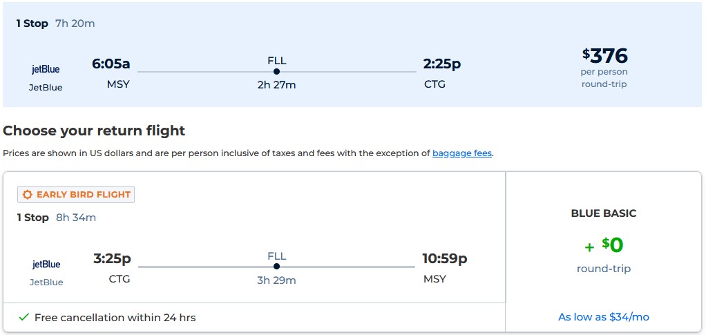 Cheap flights from New Orleans to Cartagena, Colombia for only $376 roundtrip with JetBlue. Flight deal ticket image.