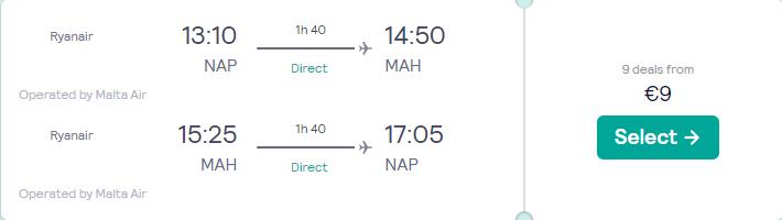Non-stop flights from Naples, Italy to Menorca, Spain for only €9 roundtrip. Flight deal ticket image.