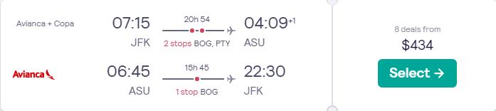 Cheap flights from New York to Asuncion, Paraguay for only $434 roundtrip with Avianca and Copa Airlines. Flight deal ticket image.