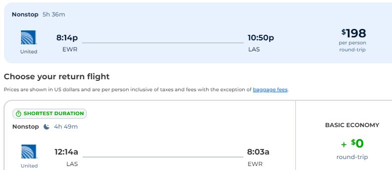 Nonstop flights from New York to Las Vegas for just $198 roundtrip with United Airlines.  Also works in reverse.  Image of flight offer ticket.