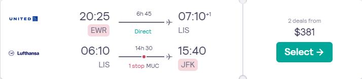 Click here to book this cheap flight deal. Cheap flights from New York or Washington DC to Lisbon, Portugal from only $381 roundtrip with United Airlines and Lufthansa. Flight deal ticket image.