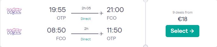 Non-stop flights from Bucharest, Romania to Rome, Italy for only €18 roundtrip. Flight deal ticket image.