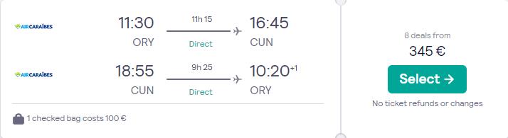 Non-stop flights from Par is, France to Cancun, Mexico for only €345 roundtrip. Flight deal ticket image.