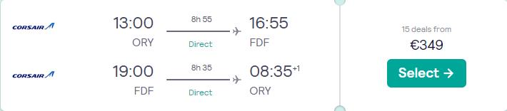Non-stop flights from Paris, France to Martinique or Guadeloupe for only €349 roundtrip. Flight deal ticket image.