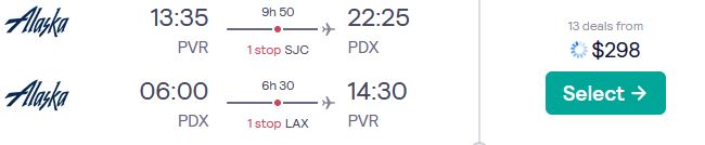 Cheap flights from Puerto Vallarta, Mexico to Portland, Oregon for only $298 USD roundtrip with Alaska Airlines. Flight deal ticket image.