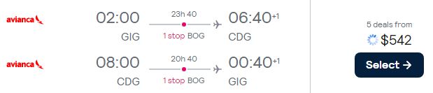 Cheap flights from Rio de Janeiro, Brazil to Paris, France for only $542 USD roundtrip with Avianca. Flight deal ticket image.