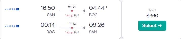 Cheap flights from San Diego to Bogota, Colombia for only $360 roundtrip with United Airlines. Flight deal ticket image.