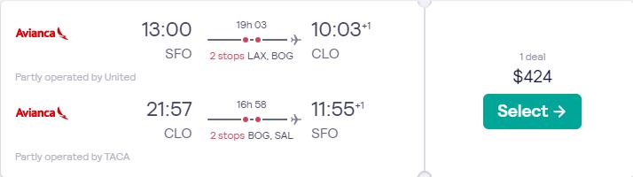 Cheap flights from San Francisco to Cali, Colombia for only $424 roundtrip with Avianca. Flight deal ticket image.