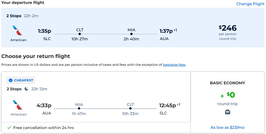 Cheap flights from Salt Lake City, Utah to Aruba for only $246 roundtrip with American Airlines. Flight deal ticket image.