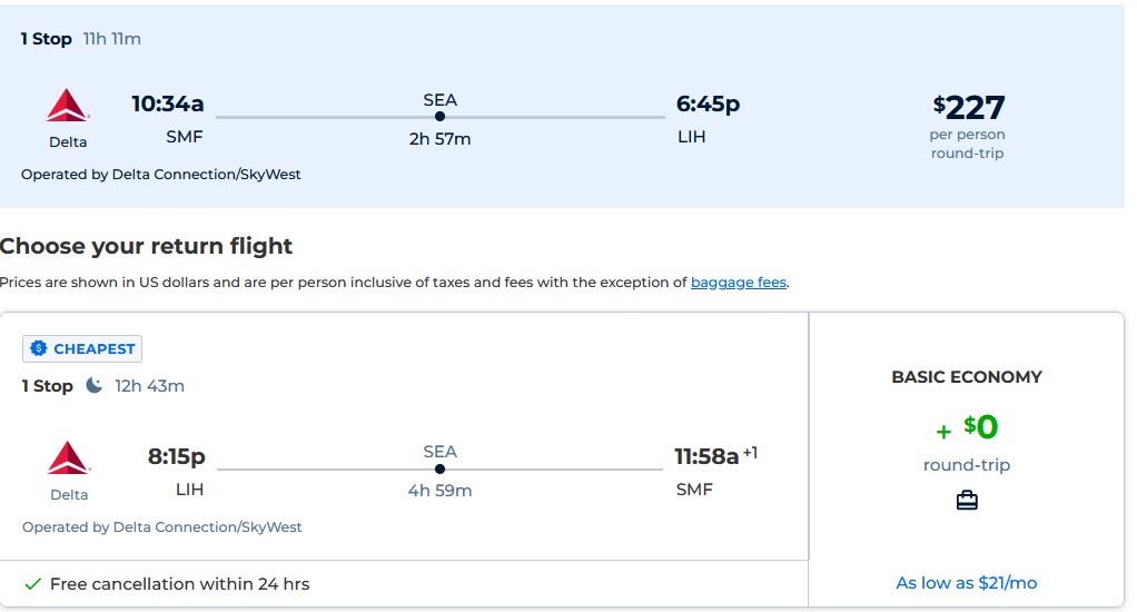 Cheap flights from Sacramento, California to Lihue, Hawaii for only $227 roundtrip with Delta Air Lines. Also works in reverse. Flight deal ticket image.