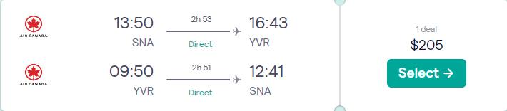 Click here to book this cheap flight deal. Non-stop, summer flights from Santa Ana, California to Vancouver, Canada for only $205 roundtrip with Air Canada. Flight deal ticket image.
