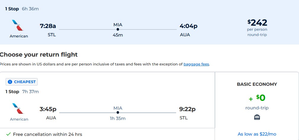 Cheap flights from St. Louis to Aruba for only $242 roundtrip with American Airlines. Flight deal ticket image.