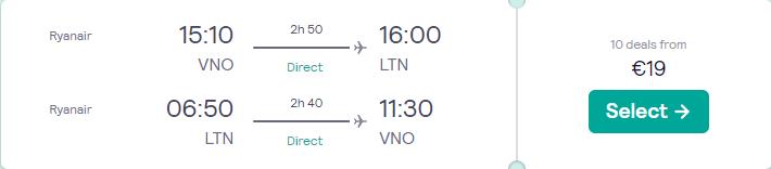 Non-stop flights from Vilnius, Lithuania to London, UK for only €19 roundtrip. Flight deal ticket image.