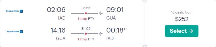 Summer flights from Washington DC or Fort Lauderdale to Guatemala City, Guatemala from only $252 roundtrip with Copa Airlines. Flight deal ticket image.