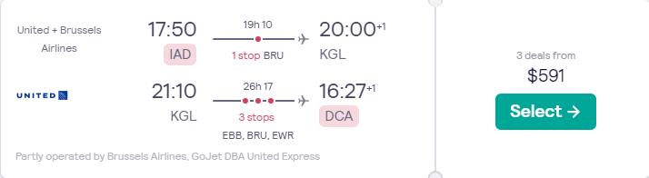 Click here to book this cheap flight deal. Cheap flights from Washington DC to Kigali, Rwanda for only $591 roundtrip with United Airlines and Brussels Airlines. Flight deal ticket image.