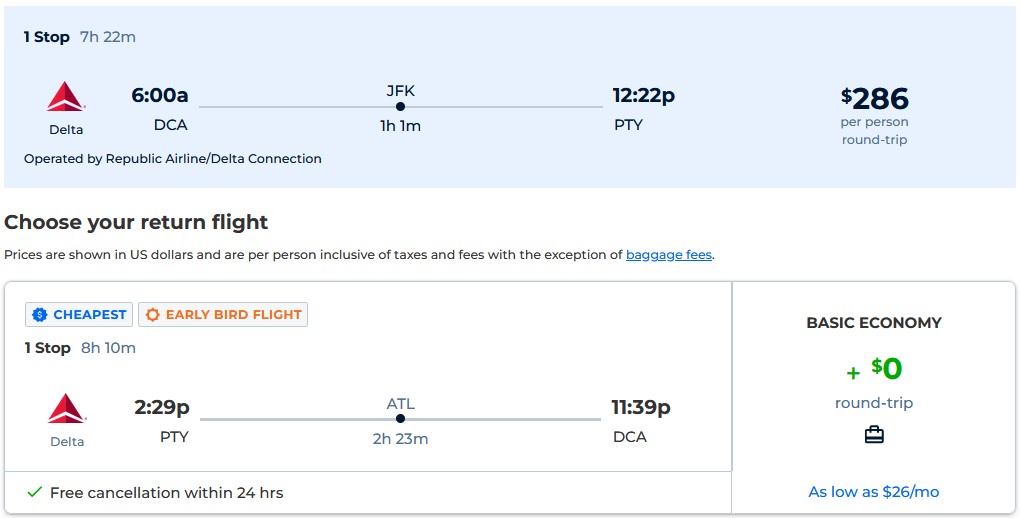 Cheap flights from US cities to Panama City, Panama for only $286 roundtrip with Delta Air Lines. Flight deal ticket image.