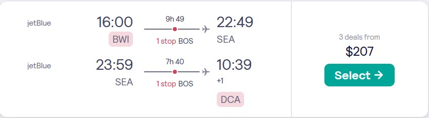 Cheap flights from Washington DC to Seattle for just $207 roundtrip with JetBlue.  It also works the other way around.  Flight offer ticket image.