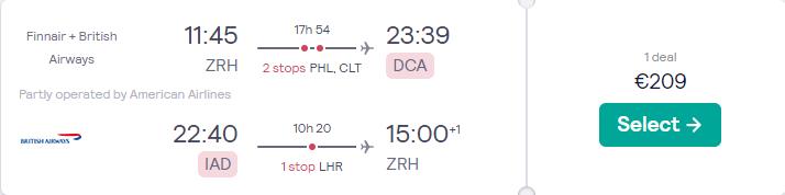 Cheap flights from Zurich, Switzerland to US cities from only €209 roundtrip with Finnair, American Airlines and British Airways. Flight deal ticket image.