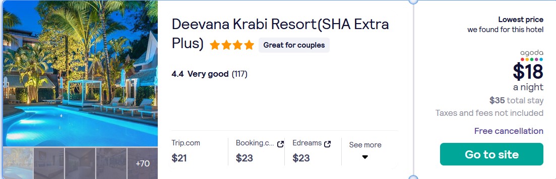 Stay at the 4* Deevana Krabi Resort(SHA Extra Plus) in Krabi, Thailand for only $18 USD per night. Flight deal ticket image.