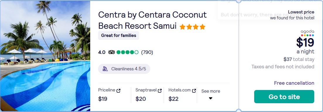 Click here to book this cheap flight deal. Stay at the 4* Centra by Centara Coconut Beach Resort Samui in Koh Samui, Thailand for only $19 USD per night. Flight deal ticket image.